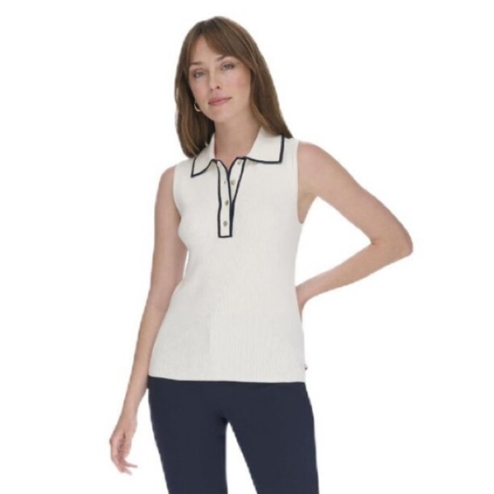 🆕 Tommy Hilfiger Sleeveless Cream Knit Cable Polo Sweater Vest